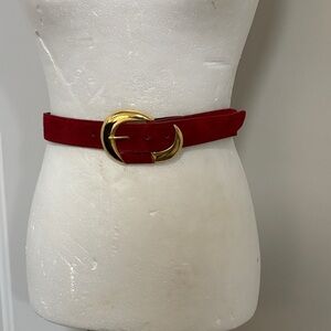 Red Suede Belt with Gold Double Ring Buckle